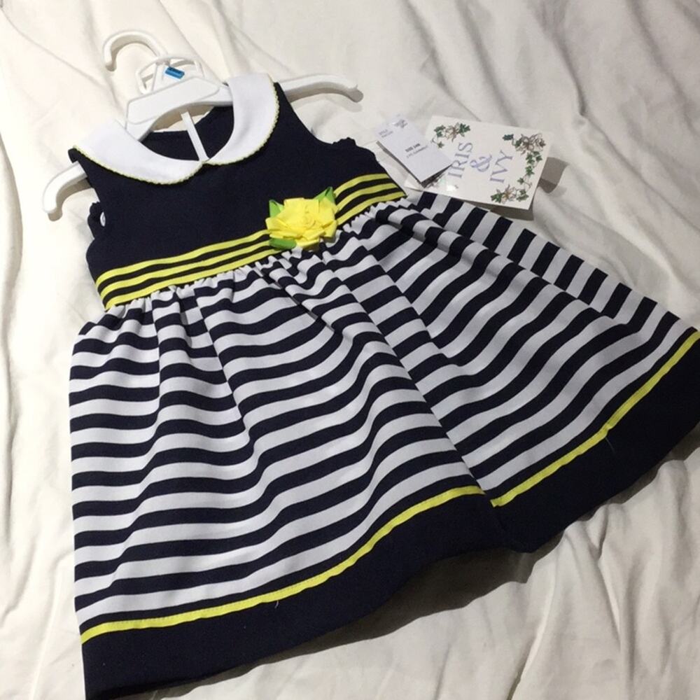 NAvy white 24m striped dress w/ yellow flower NWT
